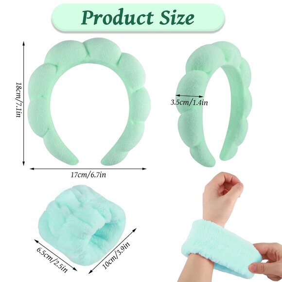 Sponge Spa Headband for Women, Green Makeup Headband and Wrist Washband Set for - Picture 2 of 7